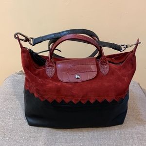 Longchamp burgundy suede and black leather bag